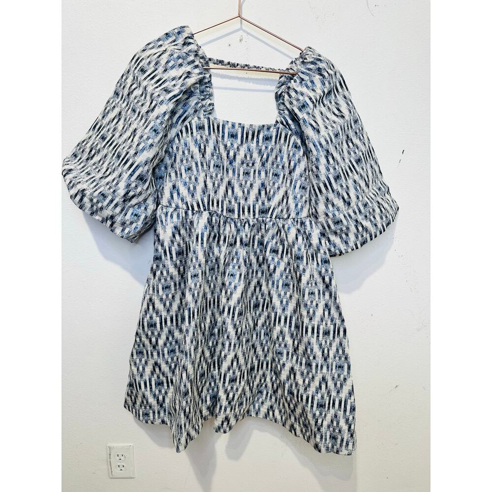 NWT MUNTHE Women's Blue White Chew Puff Sleeve Bubble Hemline Min Dress Size 36 - Picture 5 of 16